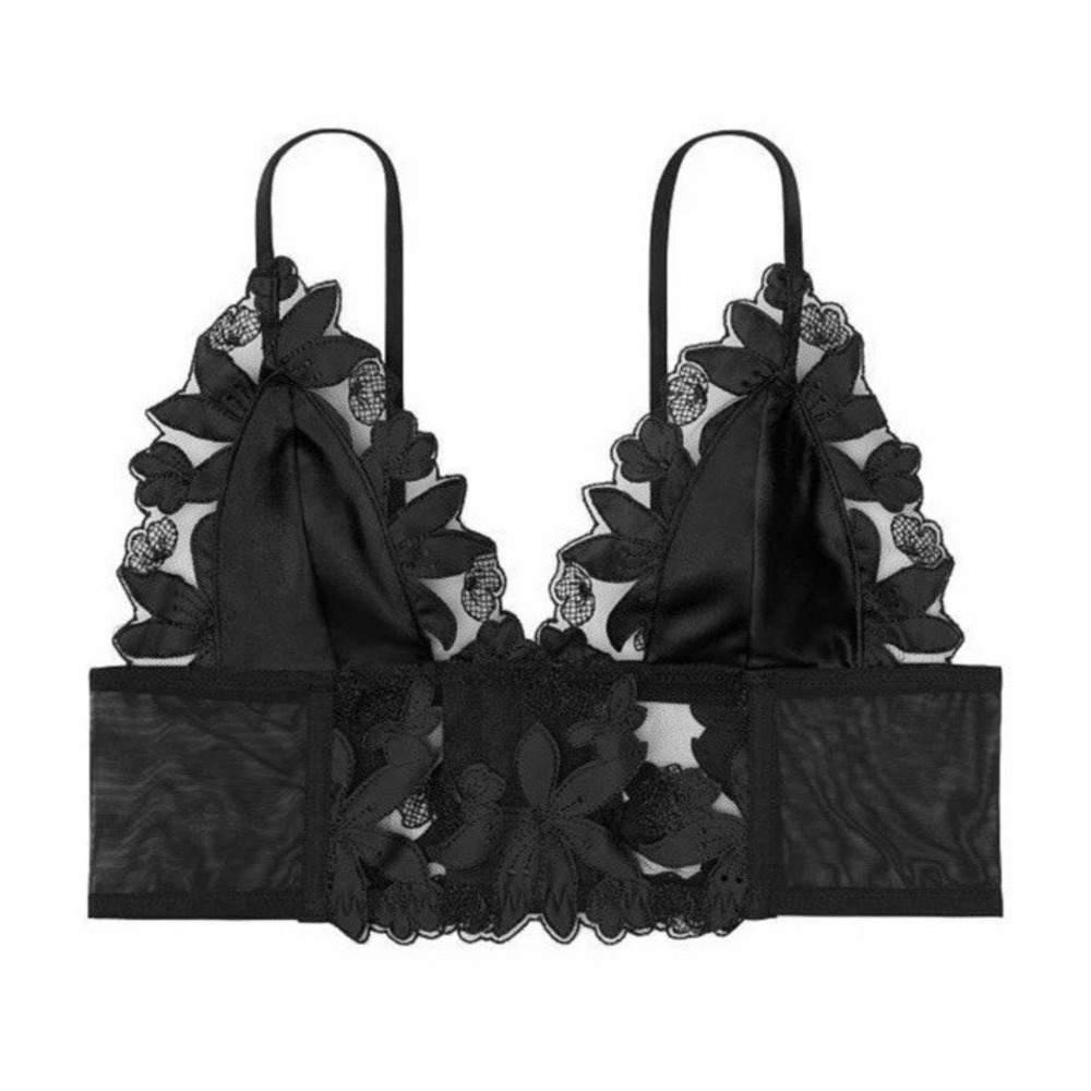 Victoria's Secret Luxe  Floral Embroidered Long‎ line Bralette Black XS B70 NEW - Picture 2 of 8